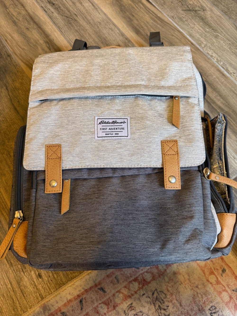 Eddie Bauer Two-Tone Gray and Tan Baby Backpack Diaper Bag